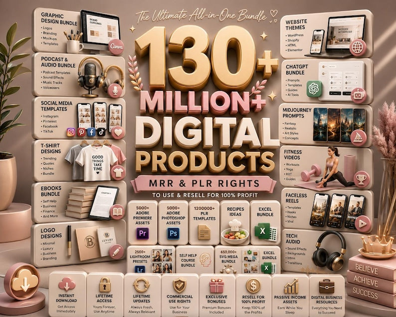 130 Million+ PLR MRR Digital Products Master Resell Rights Bundle Commercial Use Templates eBooks Printables Passive Income